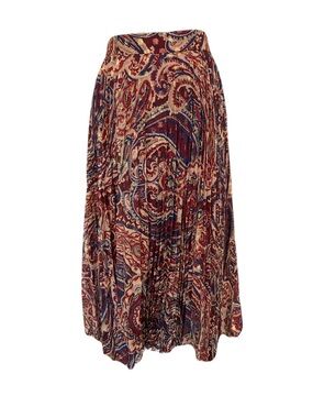Haute Hippie 10 Paisley Pleated Midi Skirt Burgundy, Navy Cream Gold Metallic